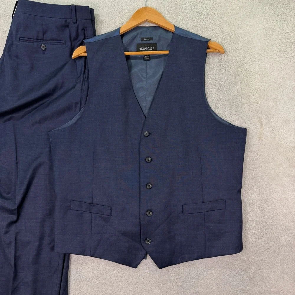 Awearness Kenneth Cole Mens 46L 3-Piece Suit Vest Blue Slim Fit Wool Blend 36x31 - Picture 13 of 16